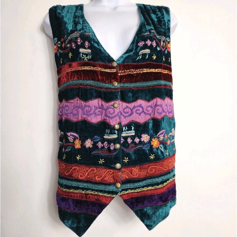 Vintage Carole Little Velvet Embroidered Tapestry Vest Boho Cottagecore Artsy M